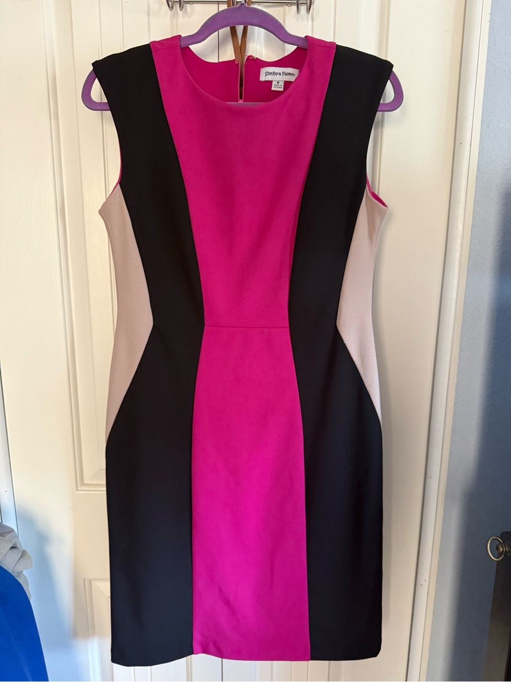 Shelby & Palmer Fuchsia, Black & Cream Colorblock Sheath Dress